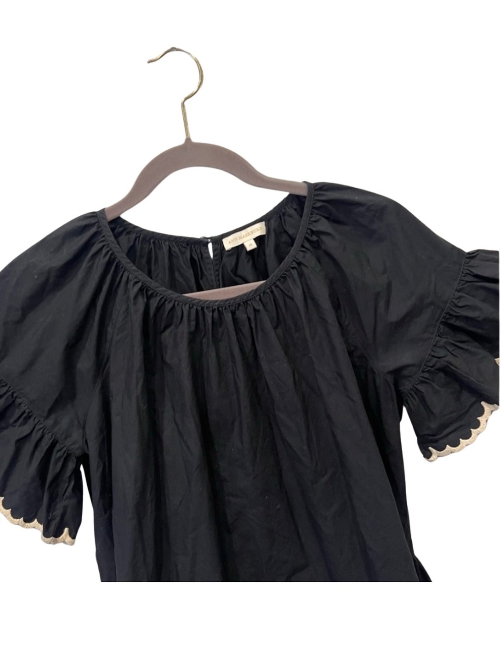 Ann Mashburn Black Peasant Top Size Medium Scalloped Trim Effortless Chic